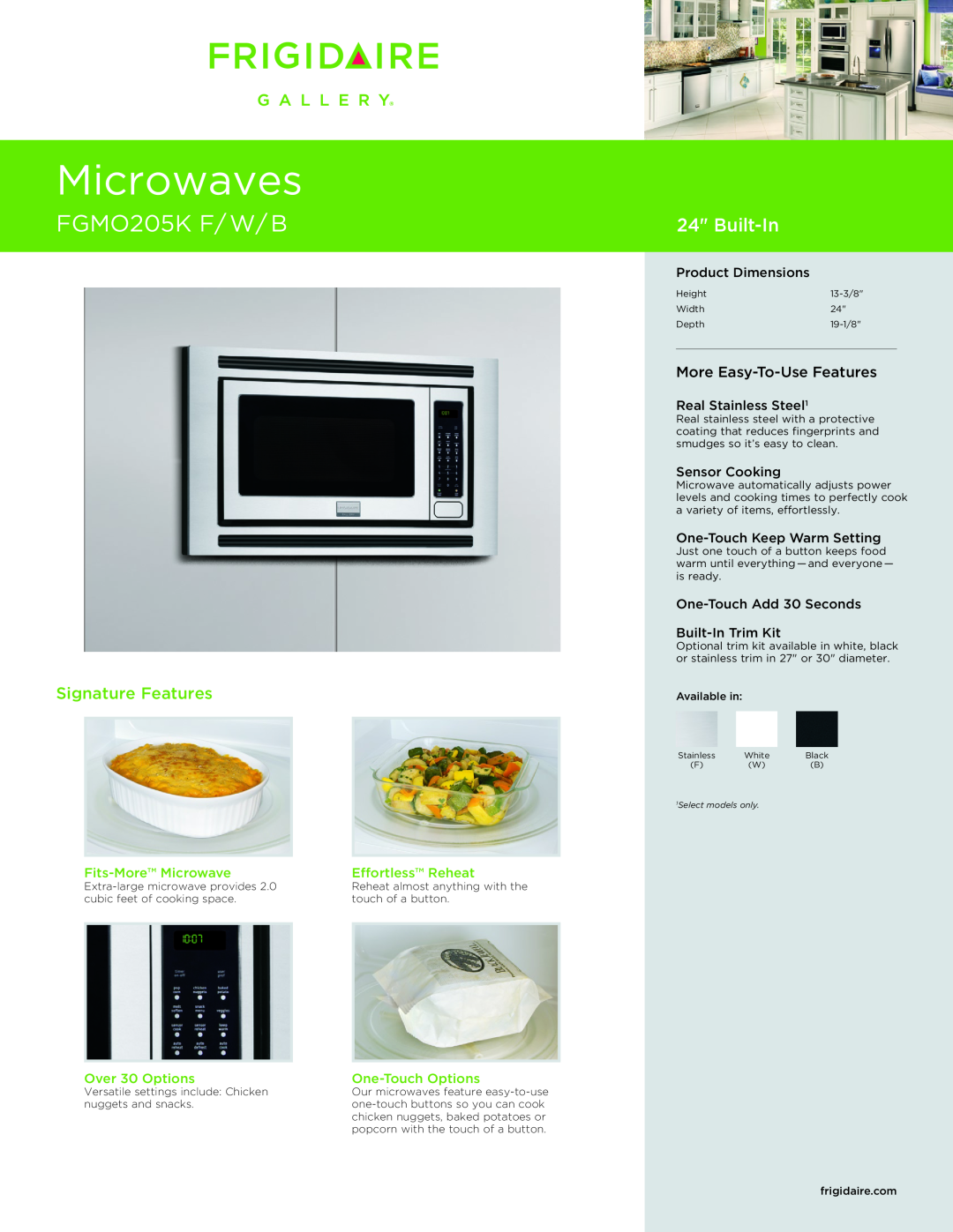 Frigidaire FGMO205K manual Fits-MoreMicrowave, Effortless Reheat, Over 30 Options, One-TouchOptions, Product Dimensions 